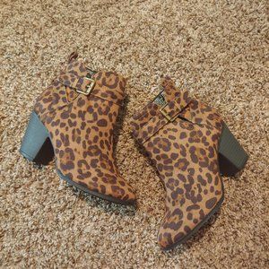 Leopard Print Zip Up Ankle Boots with Fake Buckle